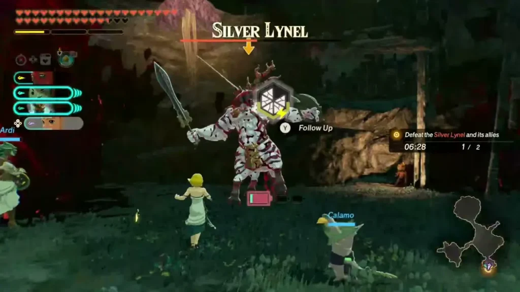Zelda and Calamo run toward a Silver Lynel in the dark Depths Zelda and Calamo run toward a Silver Lynel in the dark Depths