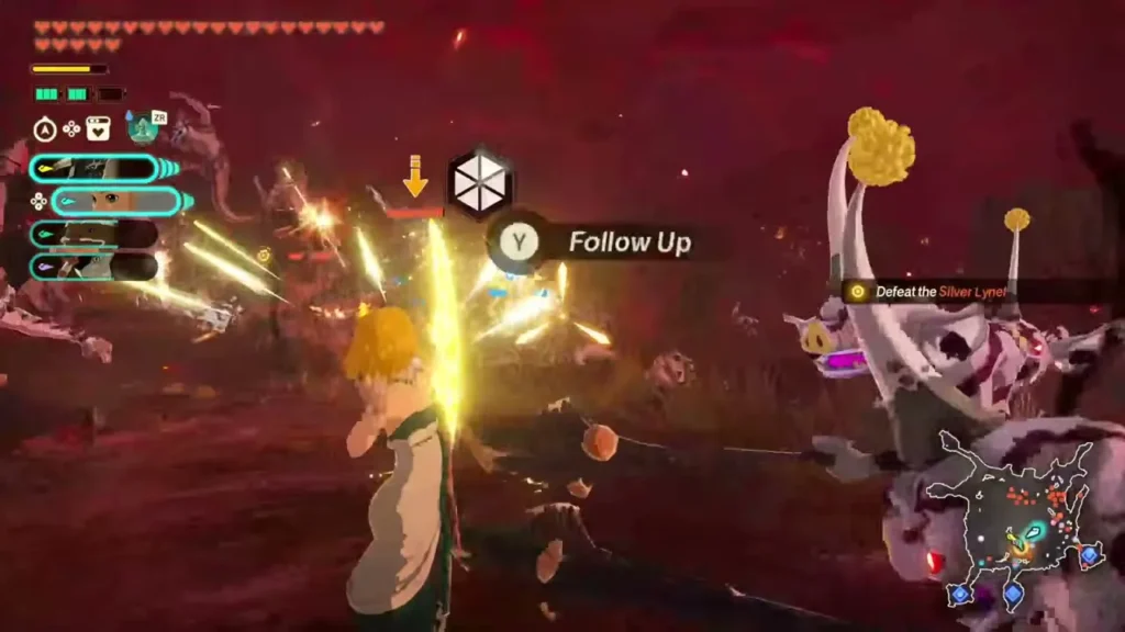 A warrior swings golden slashes at the Silver Lynel on Central Hyrule Field with a Follow Up prompt A warrior swings golden slashes at the Silver Lynel on Central Hyrule Field with a Follow Up prompt