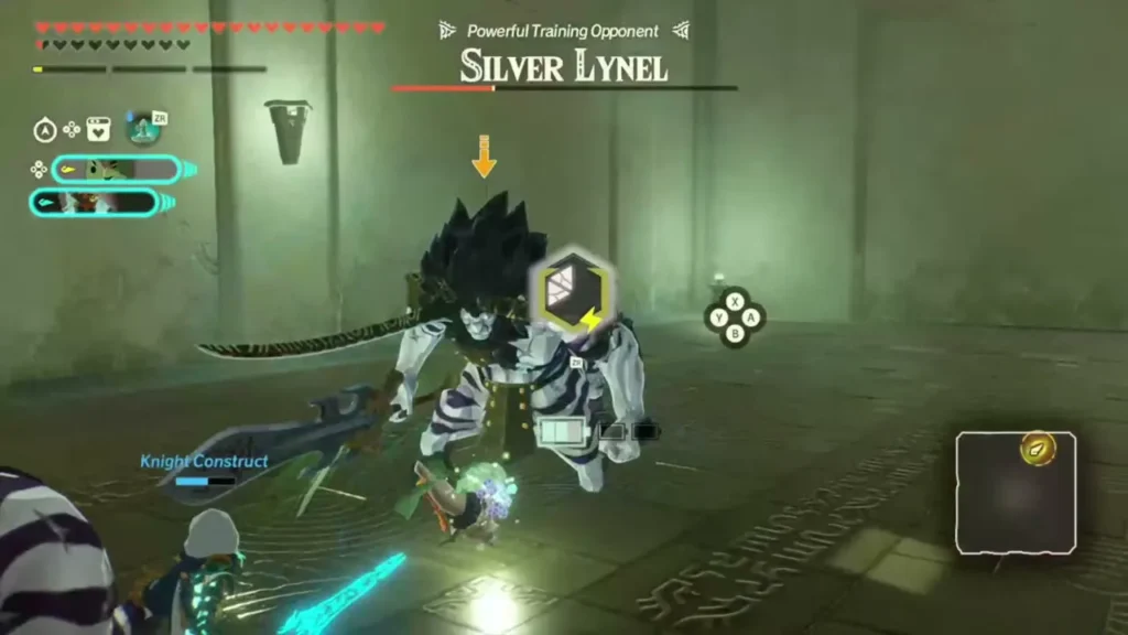A Silver Lynel fights the party and the Knight Construct in the trial arena A Silver Lynel fights the party and the Knight Construct in the trial arena