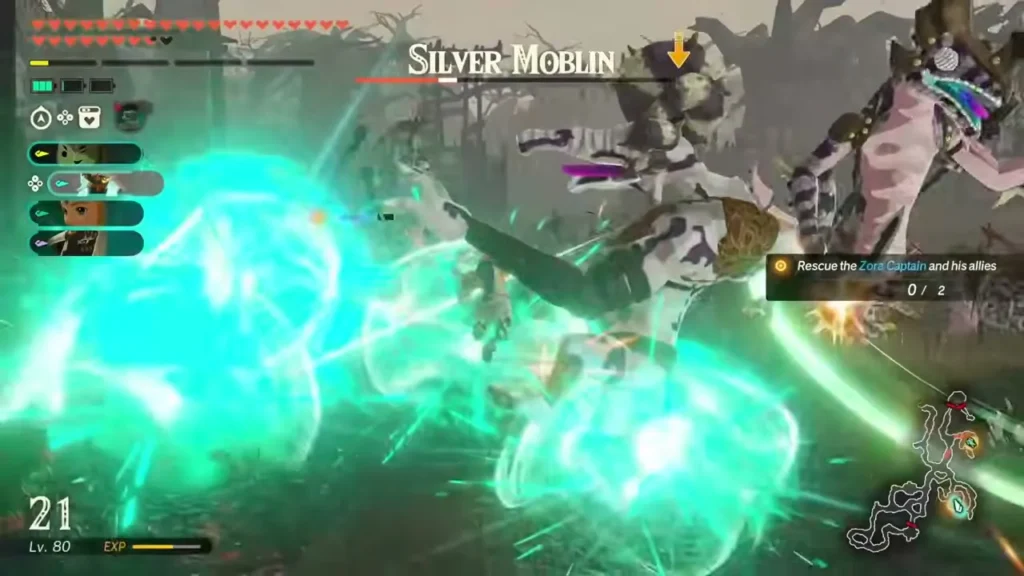 A Silver Moblin charges through green Zonai energy in Great Hyrule Forest A Silver Moblin charges through green Zonai energy in Great Hyrule Forest