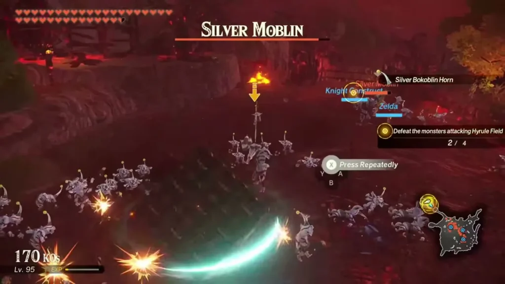 Zelda and the Knight Construct fight a Silver Moblin on blood-red Hyrule Field Zelda and the Knight Construct fight a Silver Moblin on blood-red Hyrule Field