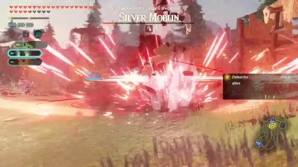 A burst of red light strikes the Silver Moblin, ravager of the Lanayru Wetlands A burst of red light strikes the Silver Moblin, ravager of the Lanayru Wetlands