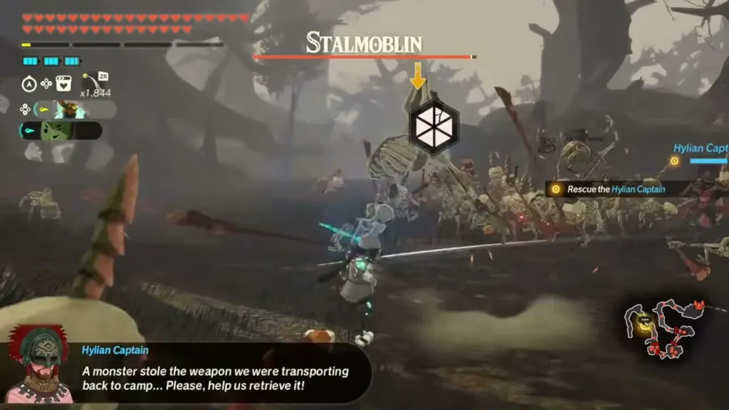 A Stalmoblin leads skeletons while a Hylian Captain asks for help recovering the stolen spear A Stalmoblin leads skeletons while a Hylian Captain asks for help recovering the stolen spear