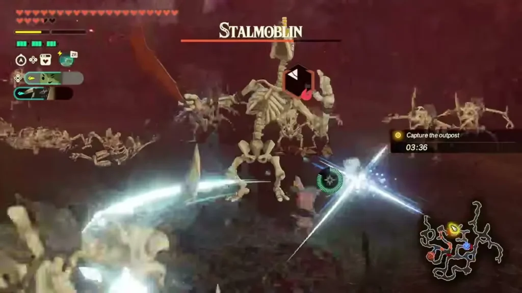 Calamo and Rauru fight a Stalmoblin while the outpost timer runs in Great Hyrule Forest Calamo and Rauru fight a Stalmoblin while the outpost timer runs in Great Hyrule Forest