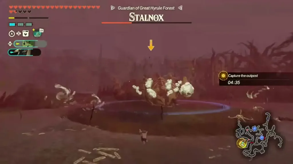 A Stalnox, guardian of Great Hyrule Forest, stands in a ring of bones while the outpost countdown runs A Stalnox, guardian of Great Hyrule Forest, stands in a ring of bones while the outpost countdown runs