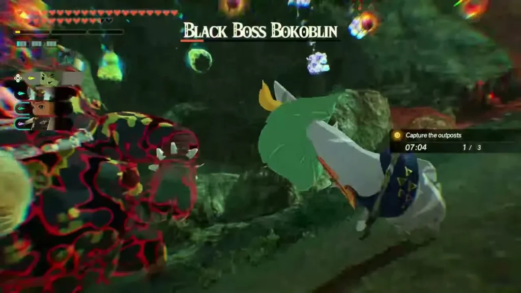 A Black Boss Bokoblin charges the party while the challenge timer counts down and an outpost objective shows 1 of 3 A Black Boss Bokoblin charges the party while the challenge timer counts down and an outpost objective shows 1 of 3