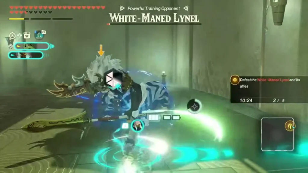 A warrior clashes with a White-Maned Lynel in the trial arena A warrior clashes with a White-Maned Lynel in the trial arena