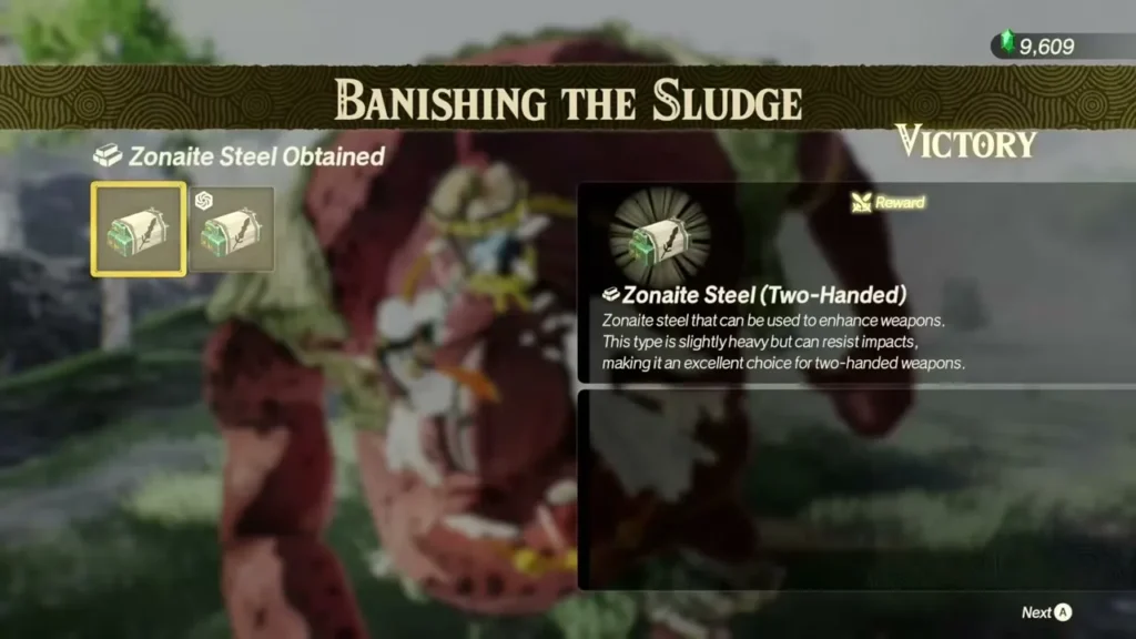 The Zonaite Steel (Two-Handed) reward shown on the Banishing the Sludge victory screen The Zonaite Steel (Two-Handed) reward shown on the Banishing the Sludge victory screen