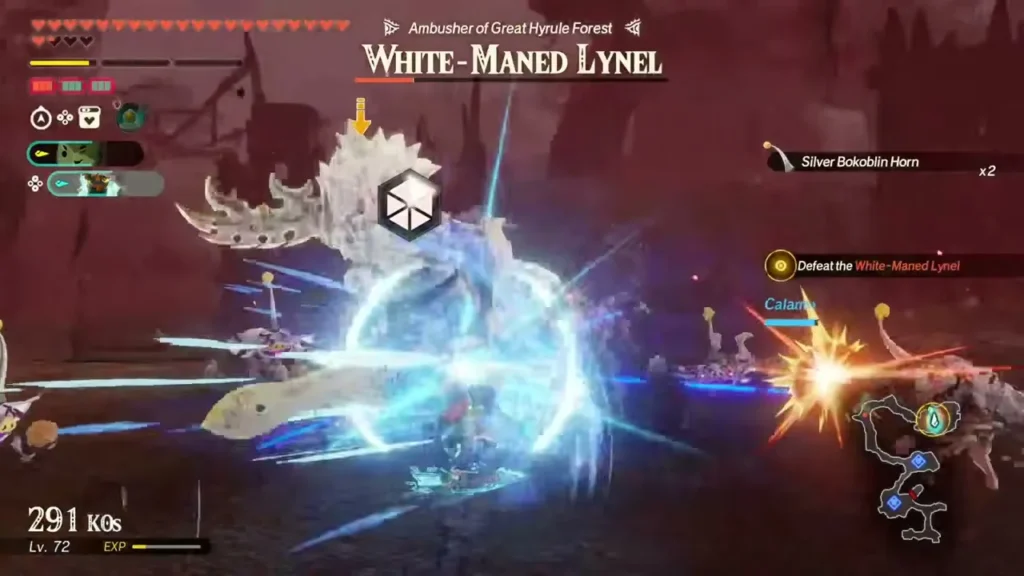 A fuse attack prompt appears over a White-Maned Lynel in the burning forest A fuse attack prompt appears over a White-Maned Lynel in the burning forest