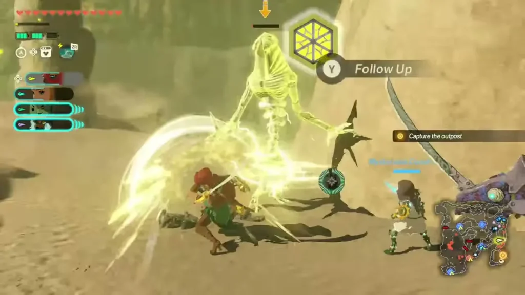 A fuse attack prompt appears over a glowing Gibdo in the desert A fuse attack prompt appears over a glowing Gibdo in the desert