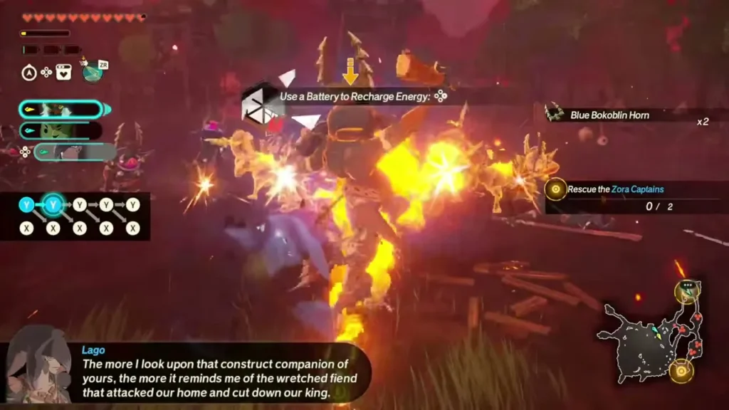 Lago battles a flaming monster while the Mysterious Construct helps Lago battles a flaming monster while the Mysterious Construct helps