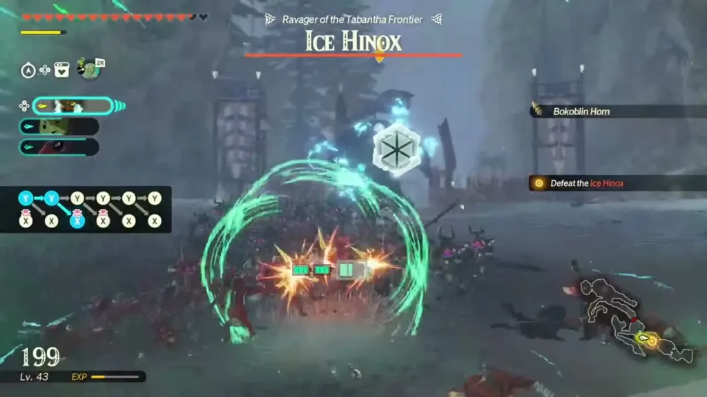 Pinnec fights an Ice Hinox with a ring of green energy Pinnec fights an Ice Hinox with a ring of green energy