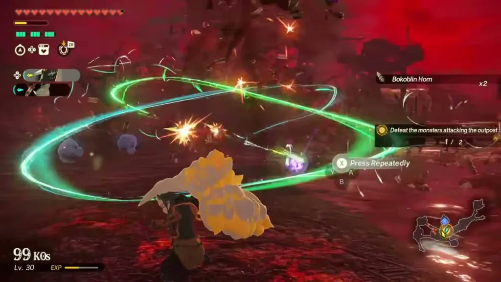 Rauru whirls his weapon in a ring of green light against Bokoblins Rauru whirls his weapon in a ring of green light against Bokoblins