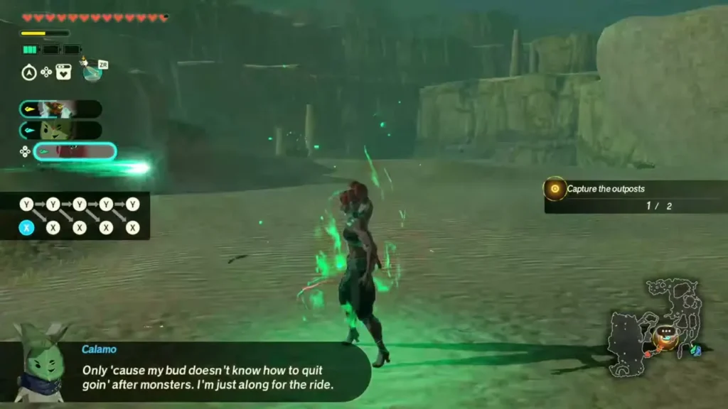Sholani walks across a dune with her sword glowing green Sholani walks across a dune with her sword glowing green