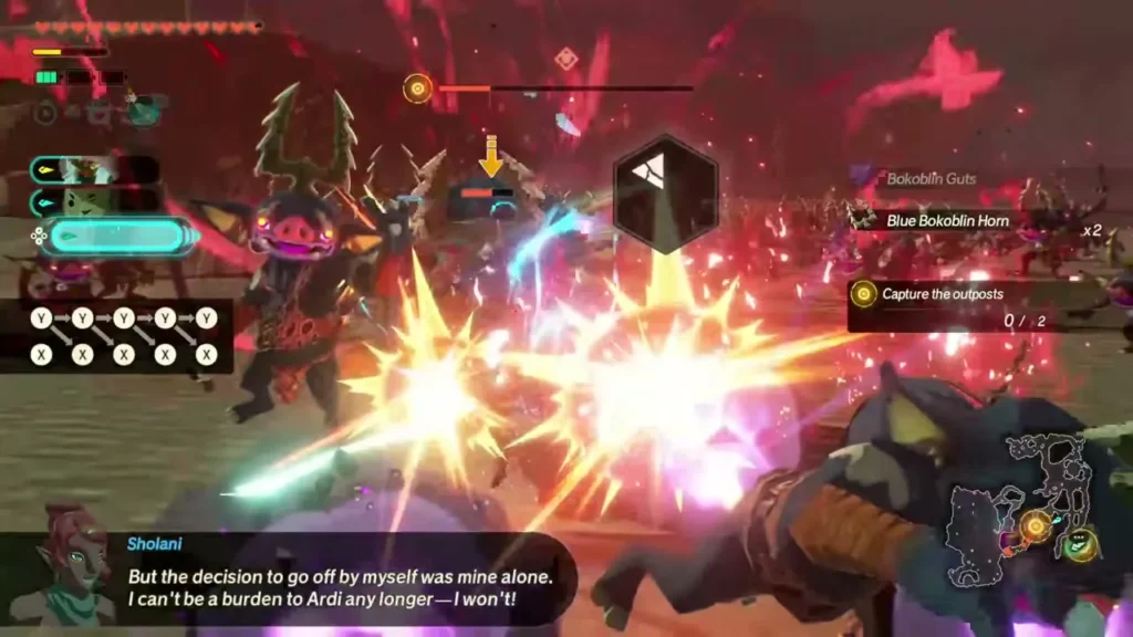 Sholani bursts a Bokoblin boss with a follow-up strike Sholani bursts a Bokoblin boss with a follow-up strike