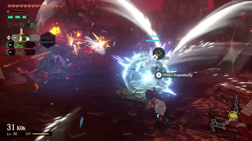 Vence unleashes a spinning blue slash among fire monsters Vence unleashes a spinning blue slash among fire monsters