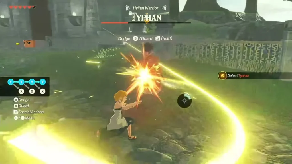 Zelda lands a glowing sword strike on Typhan Zelda lands a glowing sword strike on Typhan