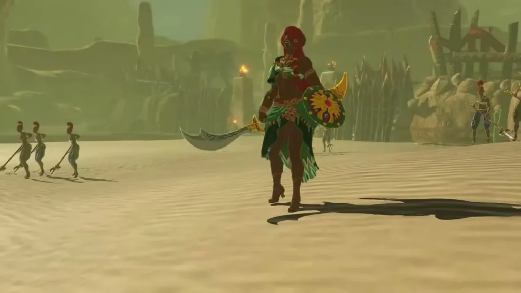Ardi strides across the sands with her curved blade and shield Ardi strides across the sands with her curved blade and shield