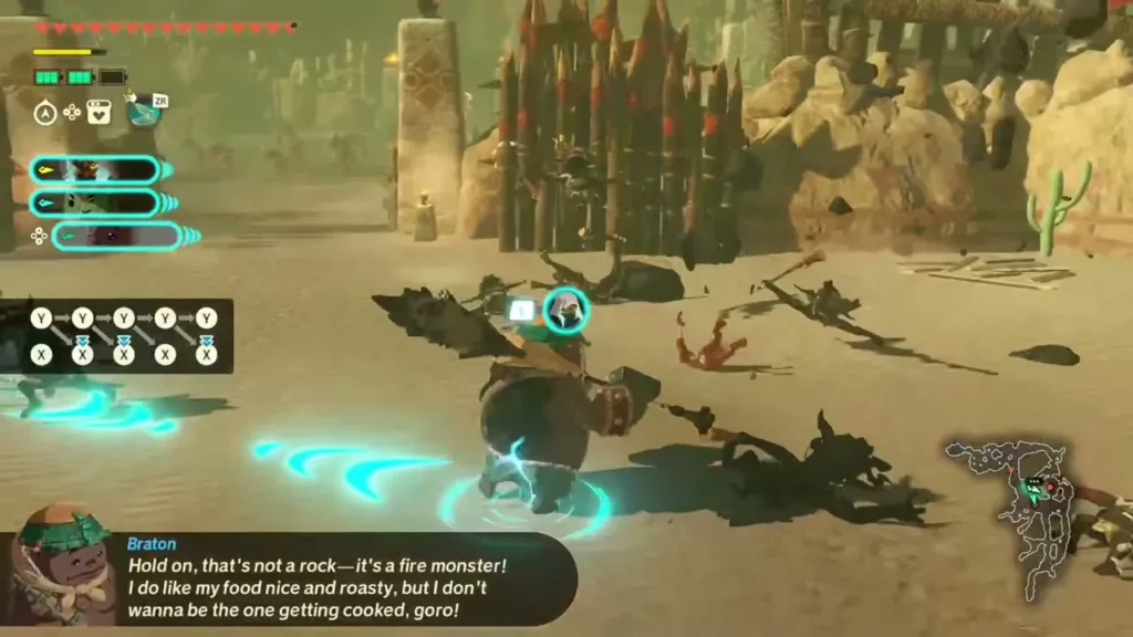 Braton fights at a desert outpost, joking that a "rock" is really a fire monster Braton fights at a desert outpost, joking that a "rock" is really a fire monster