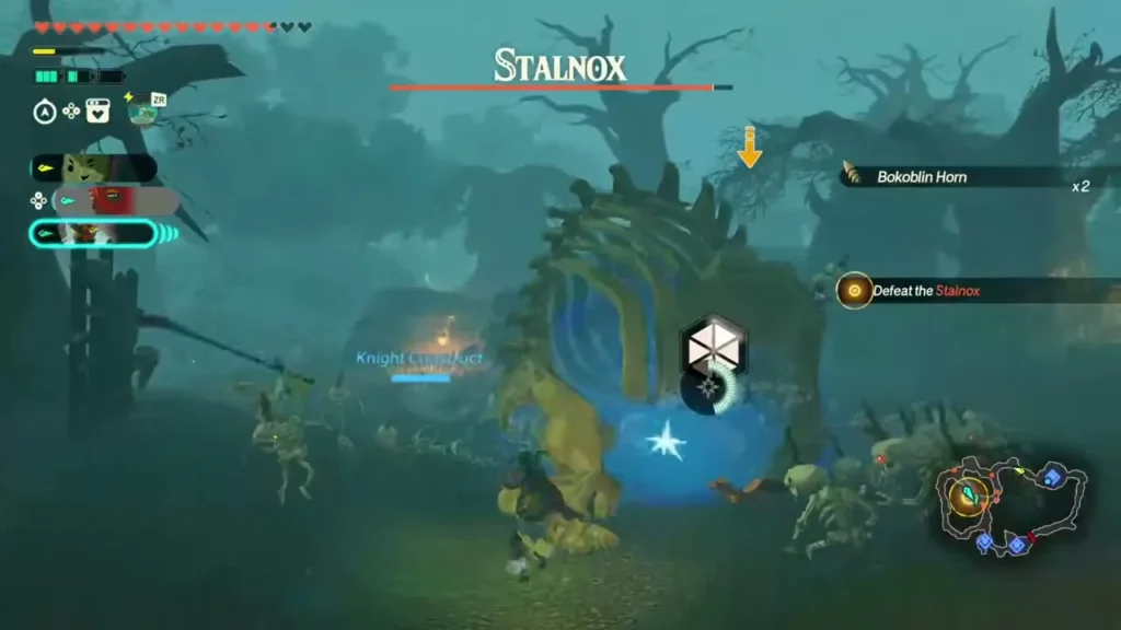 The Construct fights the Stalnox surrounded by Bokoblins The Construct fights the Stalnox surrounded by Bokoblins