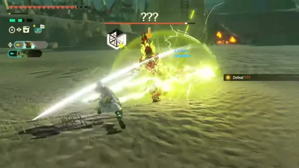 The Construct strikes with a bright sword slash in the Gerudo Desert The Construct strikes with a bright sword slash in the Gerudo Desert