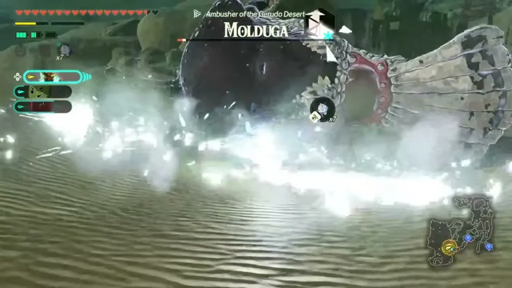 The Construct unleashes a burst of water against a Molduga The Construct unleashes a burst of water against a Molduga