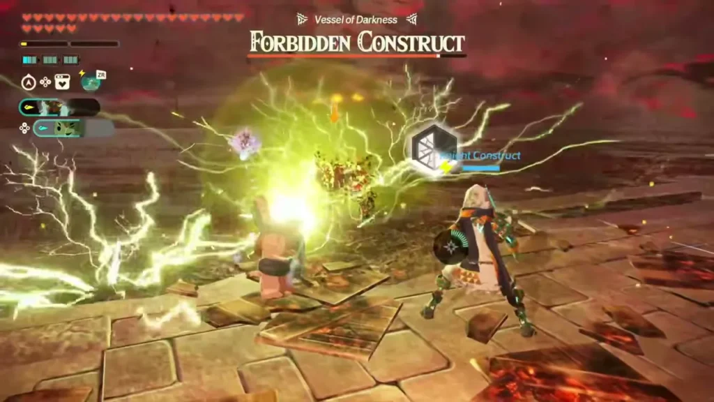 Lightning crackles around the Forbidden Construct boss fight Lightning crackles around the Forbidden Construct boss fight