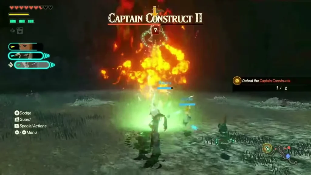 Mineru sets off a fiery blast under a Captain Construct II Mineru sets off a fiery blast under a Captain Construct II