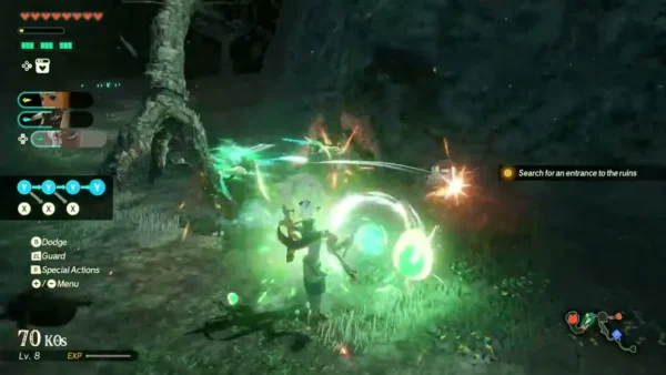 Mineru fights with glowing green Zonai orbs in the dark ruins Mineru fights with glowing green Zonai orbs in the dark ruins