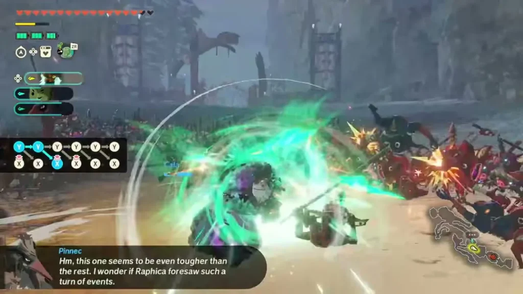 Pinnec spins his spear in a green burst against Bokoblins Pinnec spins his spear in a green burst against Bokoblins
