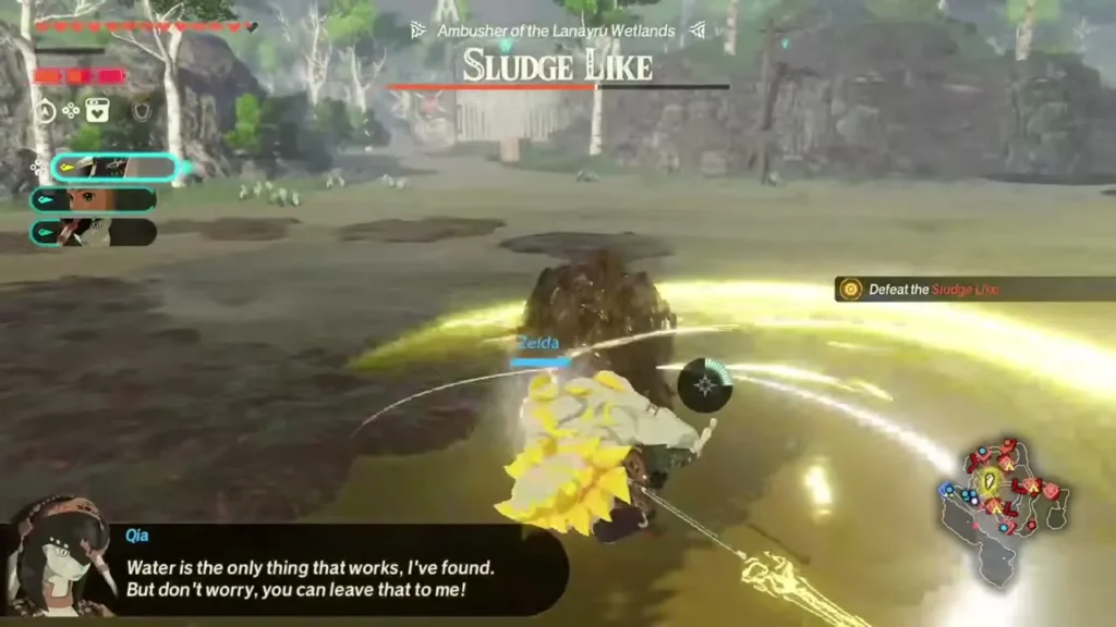 Qia fights the Sludge Like boss with Zelda in the Lanayru wetlands Qia fights the Sludge Like boss with Zelda in the Lanayru wetlands