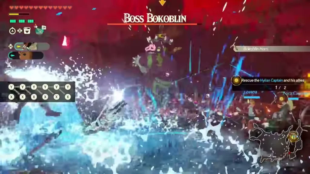 Qia strikes a Boss Bokoblin in a burst of water Qia strikes a Boss Bokoblin in a burst of water