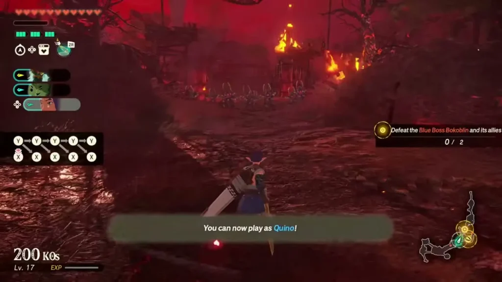 The message that Quino can now be played appears in front of a burning camp The message that Quino can now be played appears in front of a burning camp