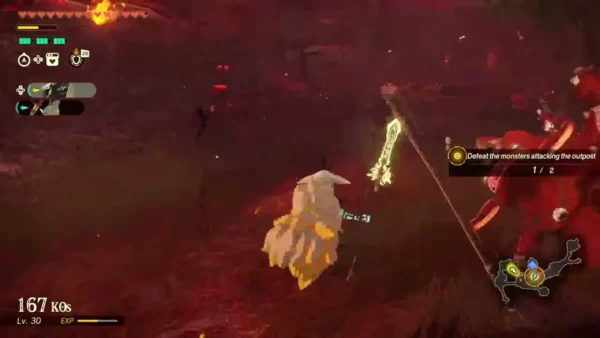 Rauru holds his glowing Zonai spear on the battlefield Rauru holds his glowing Zonai spear on the battlefield