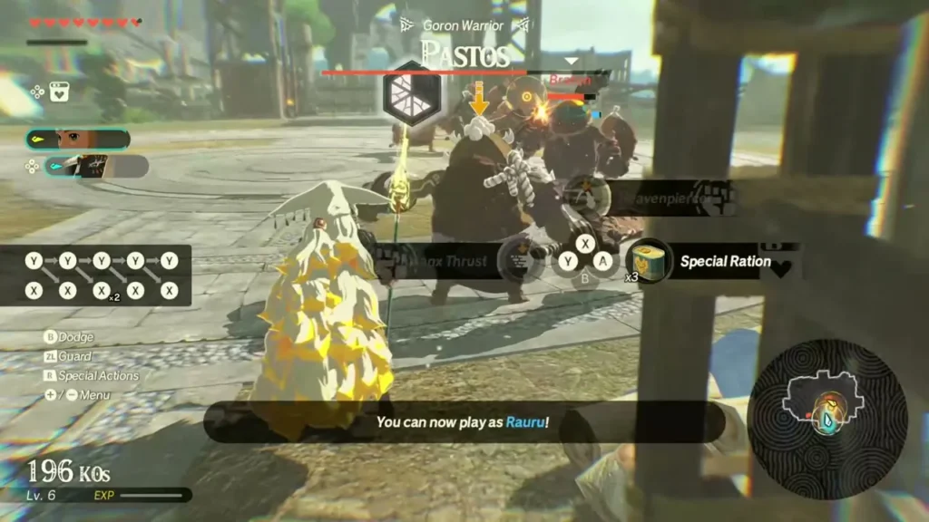 The message that Rauru can now be played appears during the duel with Pastos The message that Rauru can now be played appears during the duel with Pastos