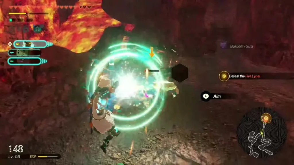 Ronza unleashes a burst of green energy against the Fire Lynel Ronza unleashes a burst of green energy against the Fire Lynel