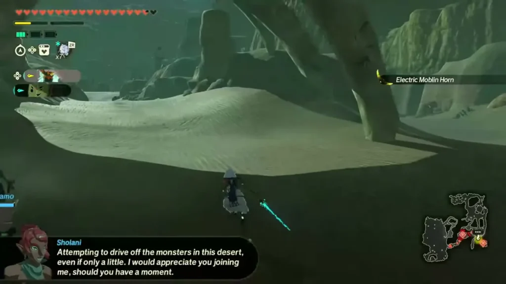 Sholani crosses the Gerudo dunes to drive off the monsters Sholani crosses the Gerudo dunes to drive off the monsters