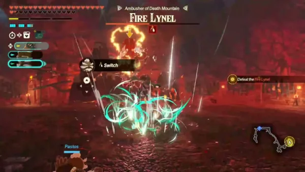 Vence spins his sword at the Fire Lynel while Pastos fights alongside him Vence spins his sword at the Fire Lynel while Pastos fights alongside him