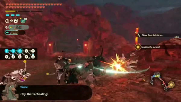 Vence cuts through Silver Bokoblins in the race up Death Mountain, crying that it is cheating Vence cuts through Silver Bokoblins in the race up Death Mountain, crying that it is cheating