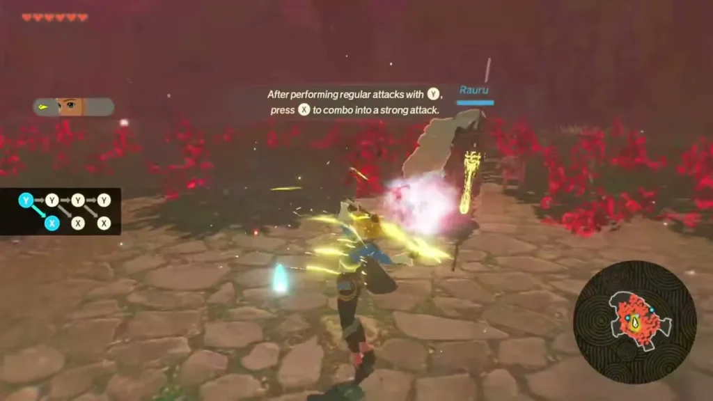 Zelda strikes in a ruined courtyard with Rauru beside her Zelda strikes in a ruined courtyard with Rauru beside her