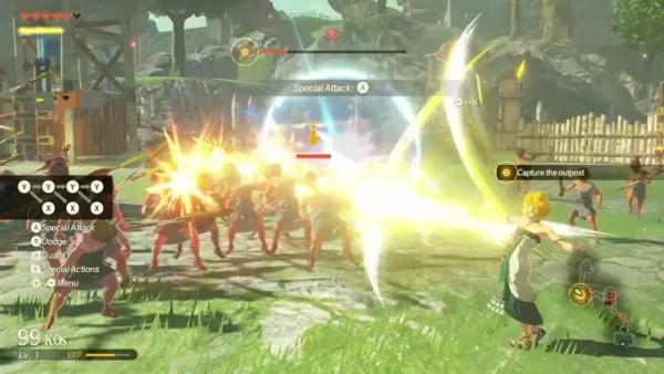 Zelda sweeps a glowing blade through a crowd of soldiers Zelda sweeps a glowing blade through a crowd of soldiers