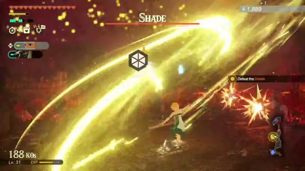 Zelda slashes a Shade with a long arc of light Zelda slashes a Shade with a long arc of light