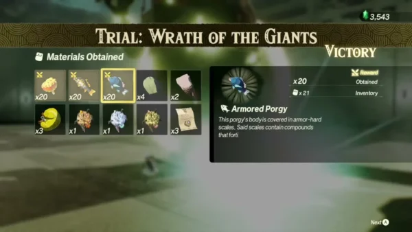 Armored Porgy is highlighted among the materials obtained after Trial: Wrath of the Giants