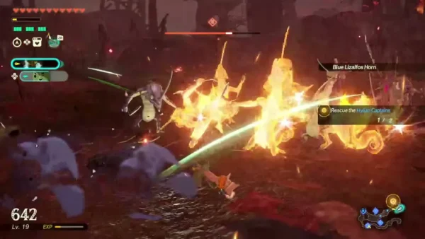 Flames engulf Lizalfos as a Blue Lizalfos Horn drop is listed