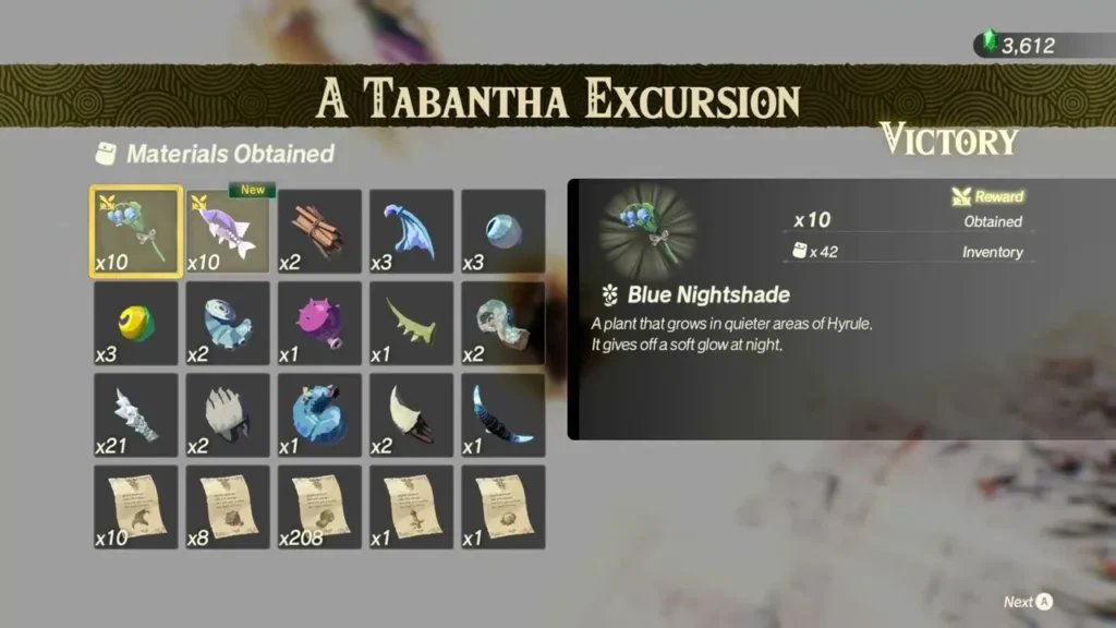 Blue Nightshade x10 is highlighted among the materials obtained after A Tabantha Excursion