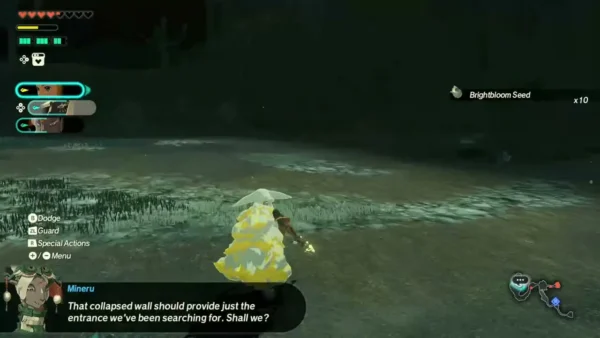 A pickup of ten Brightbloom Seeds appears in the Depths