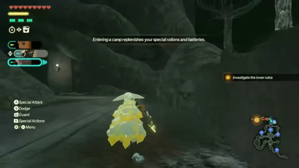 The tip says entering a camp replenishes special rations and batteries