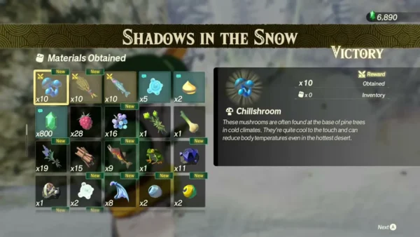 Chillshroom is highlighted among the materials obtained after Shadows in the Snow
