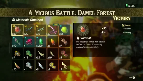 The materials obtained after A Vicious Battle: Damel Forest include bugs, fruit and monster parts