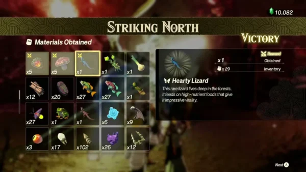 Hearty Lizard is highlighted among the materials obtained after Striking North